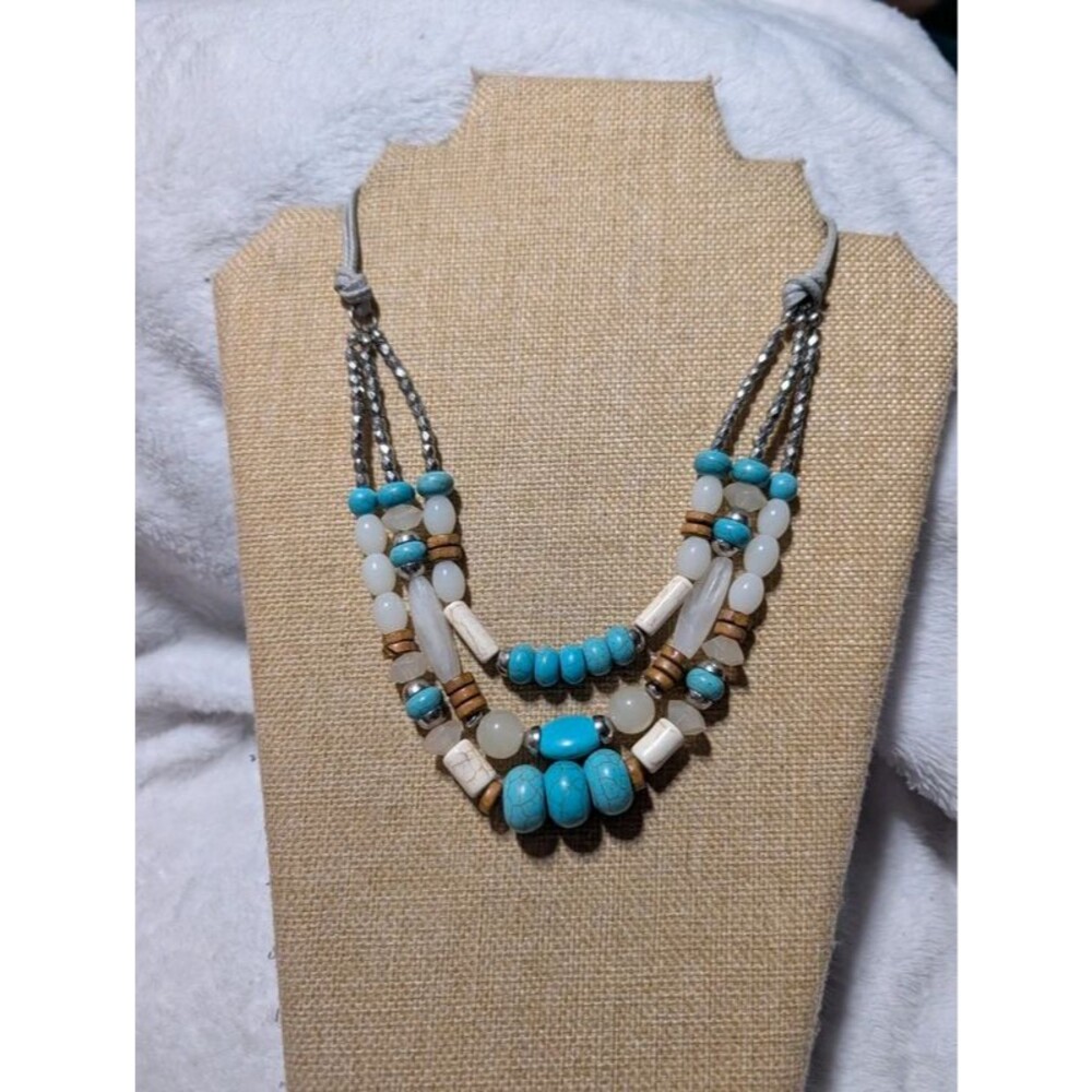 Boho Layered Faux Turquoise Wood Bead Multi Strand Cord Necklace